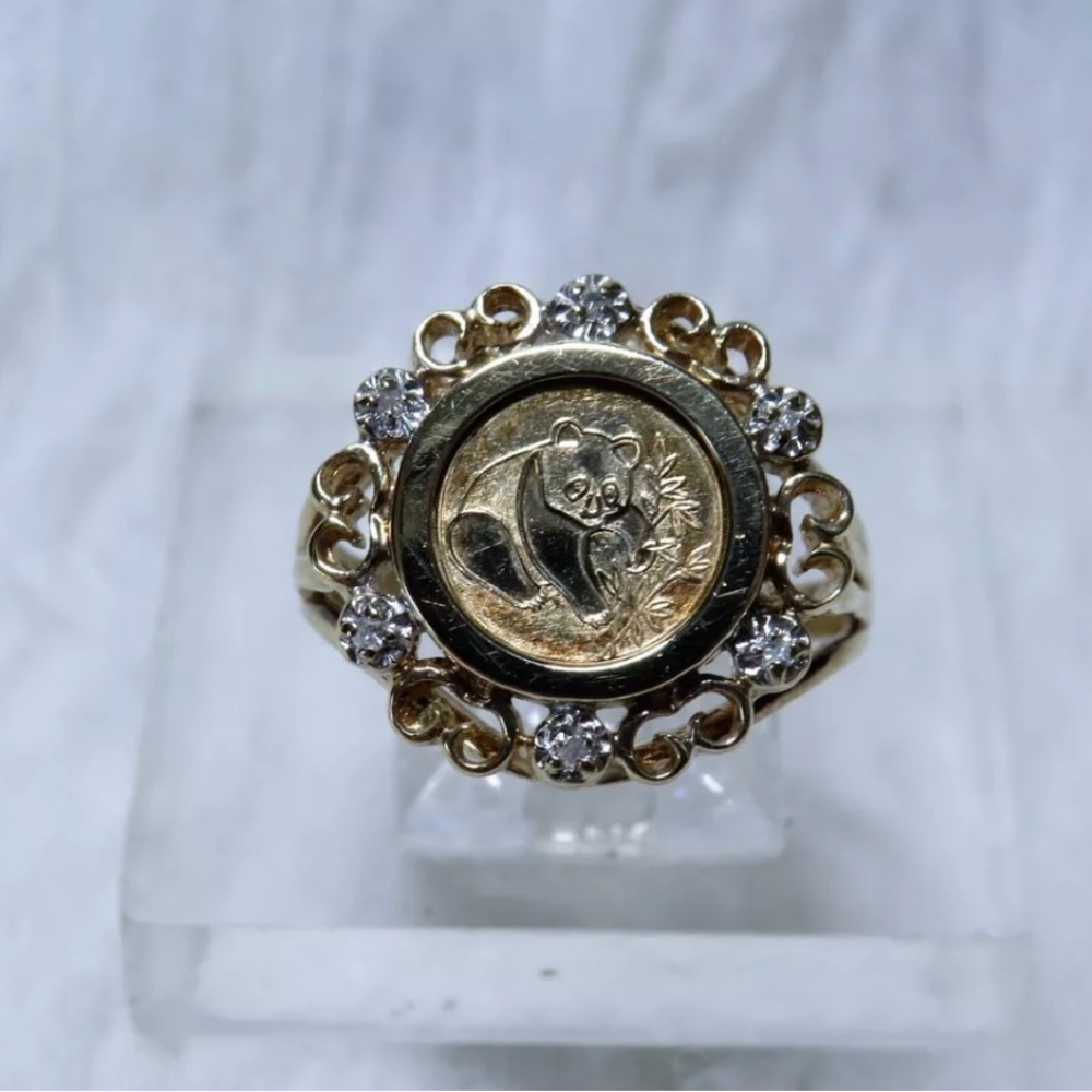 Chinese panda coin ring  10k yellow gold with diamonds